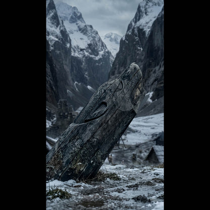 An atmospheric, 4K phone background depicting a colossal frost giant from Norse mythology towering over a misty mountain valley. The giant features glowing ice-blue eyes and a frozen beard, shrouded in thick clouds. In the foreground, a lone wolf stands sentinel on a jagged, snow-dusted cliff edge, looking up at the immense entity. The scene is cinematic, dark, and filled with a sense of mythic scale.