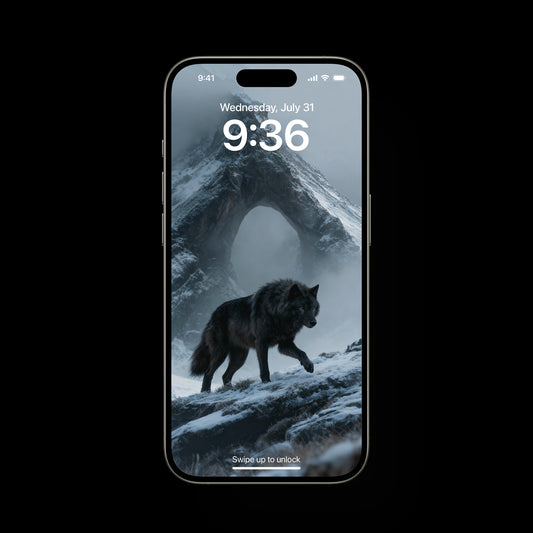 A high-quality digital render of a powerful Norse wolf standing at the summit of a snow-covered mountain, designed as a live mobile wallpaper.
