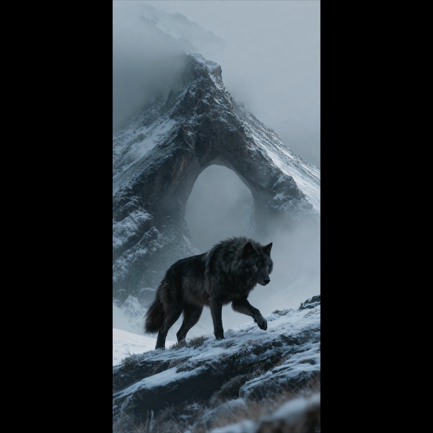 A high-quality digital render of a powerful Norse wolf standing at the summit of a snow-covered mountain, designed as a live mobile wallpaper.