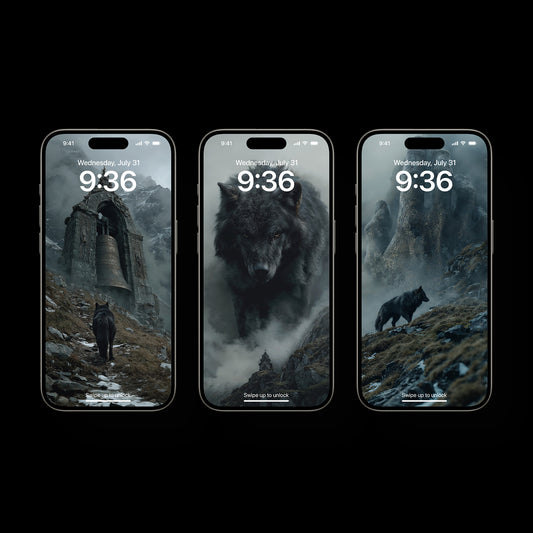 Epic Norse mythology mobile wallpaper showing a lone wolf under moonlight, the old gods watching from shadow, with hints of Asgard, Midgard, and Jotunheim merging together, creating a powerful, mystical scene perfect for phones.