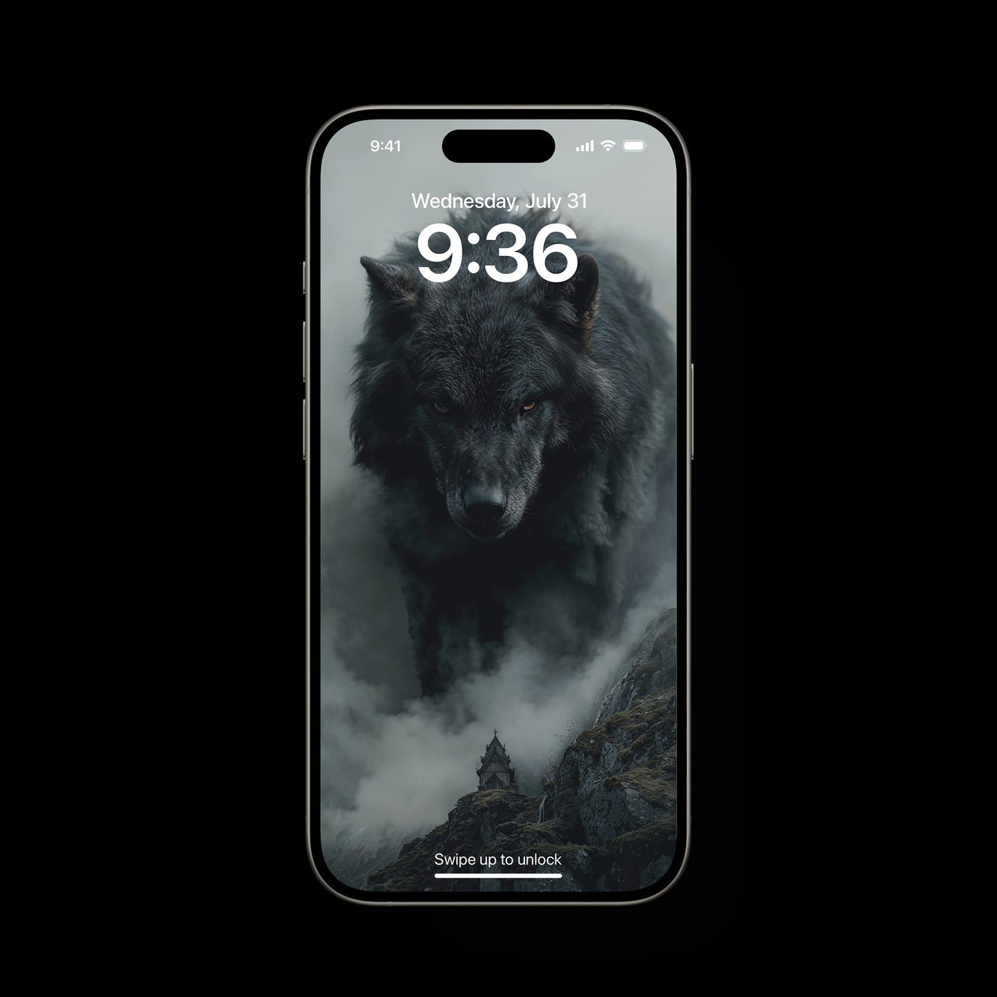 Epic Norse mythology mobile wallpaper showing a lone wolf under moonlight, the old gods watching from shadow, with hints of Asgard, Midgard, and Jotunheim merging together, creating a powerful, mystical scene perfect for phones.