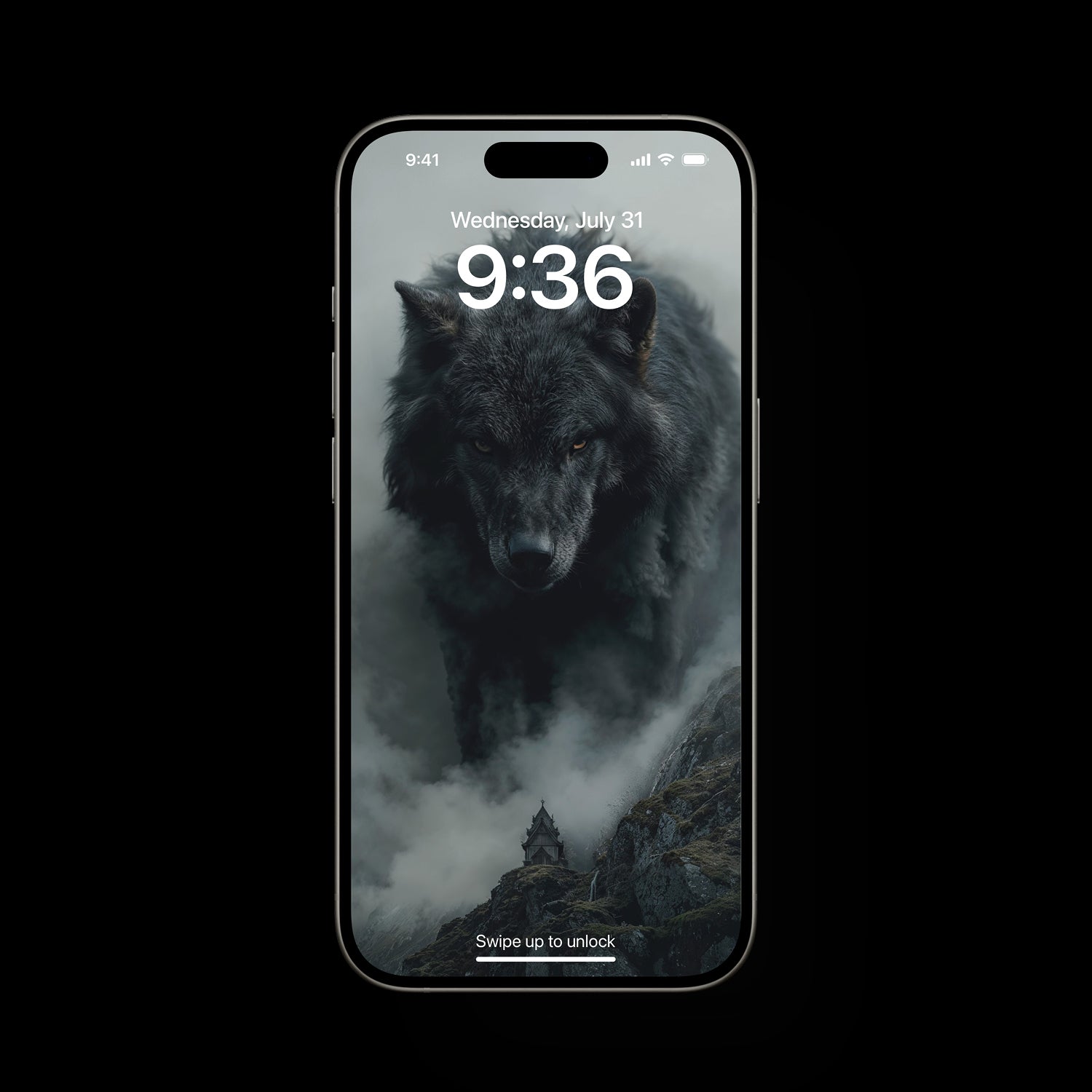 Epic Norse mythology mobile wallpaper showing a lone wolf under moonlight, the old gods watching from shadow, with hints of Asgard, Midgard, and Jotunheim merging together, creating a powerful, mystical scene perfect for phones.