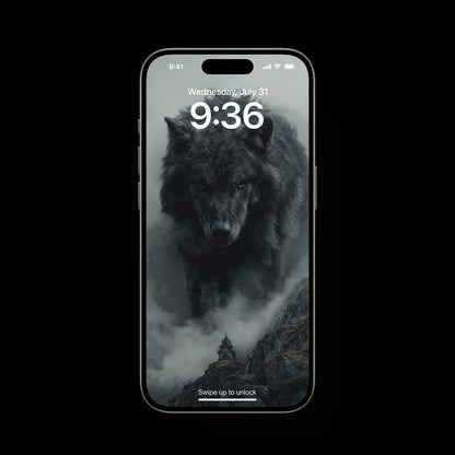 Epic Norse mythology mobile wallpaper showing a lone wolf under moonlight, the old gods watching from shadow, with hints of Asgard, Midgard, and Jotunheim merging together, creating a powerful, mystical scene perfect for phones.