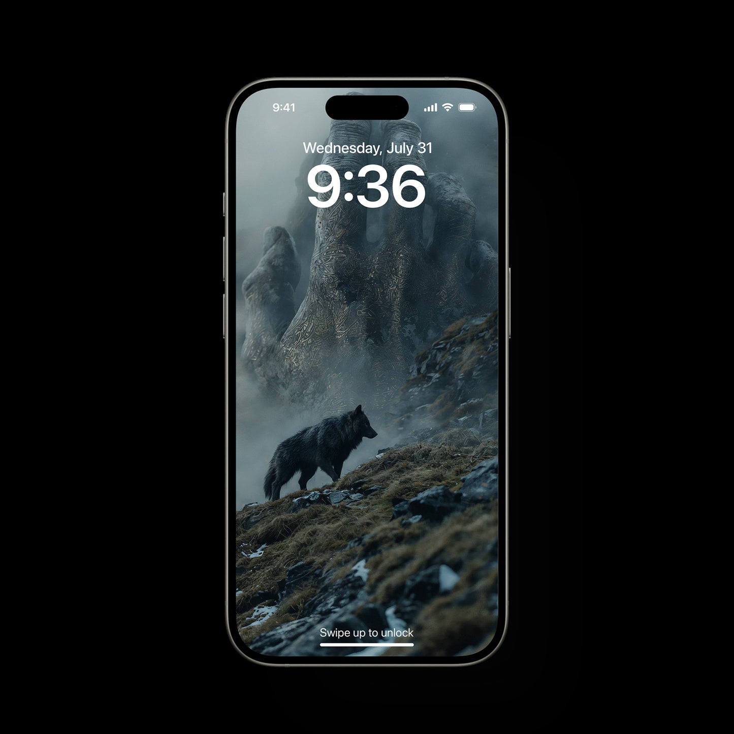 Epic Norse mythology mobile wallpaper showing a lone wolf under moonlight, the old gods watching from shadow, with hints of Asgard, Midgard, and Jotunheim merging together, creating a powerful, mystical scene perfect for phones.