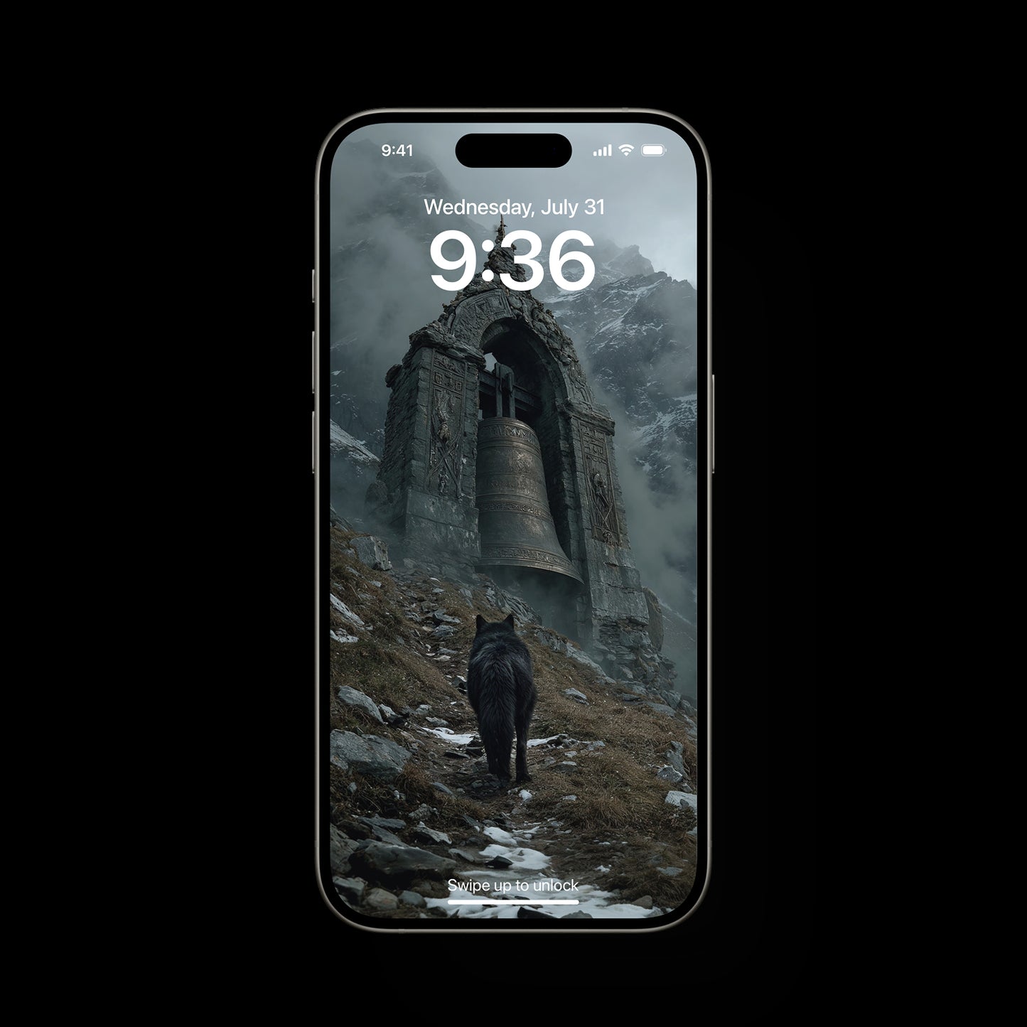 Epic Norse mythology mobile wallpaper showing a lone wolf under moonlight, the old gods watching from shadow, with hints of Asgard, Midgard, and Jotunheim merging together, creating a powerful, mystical scene perfect for phones.