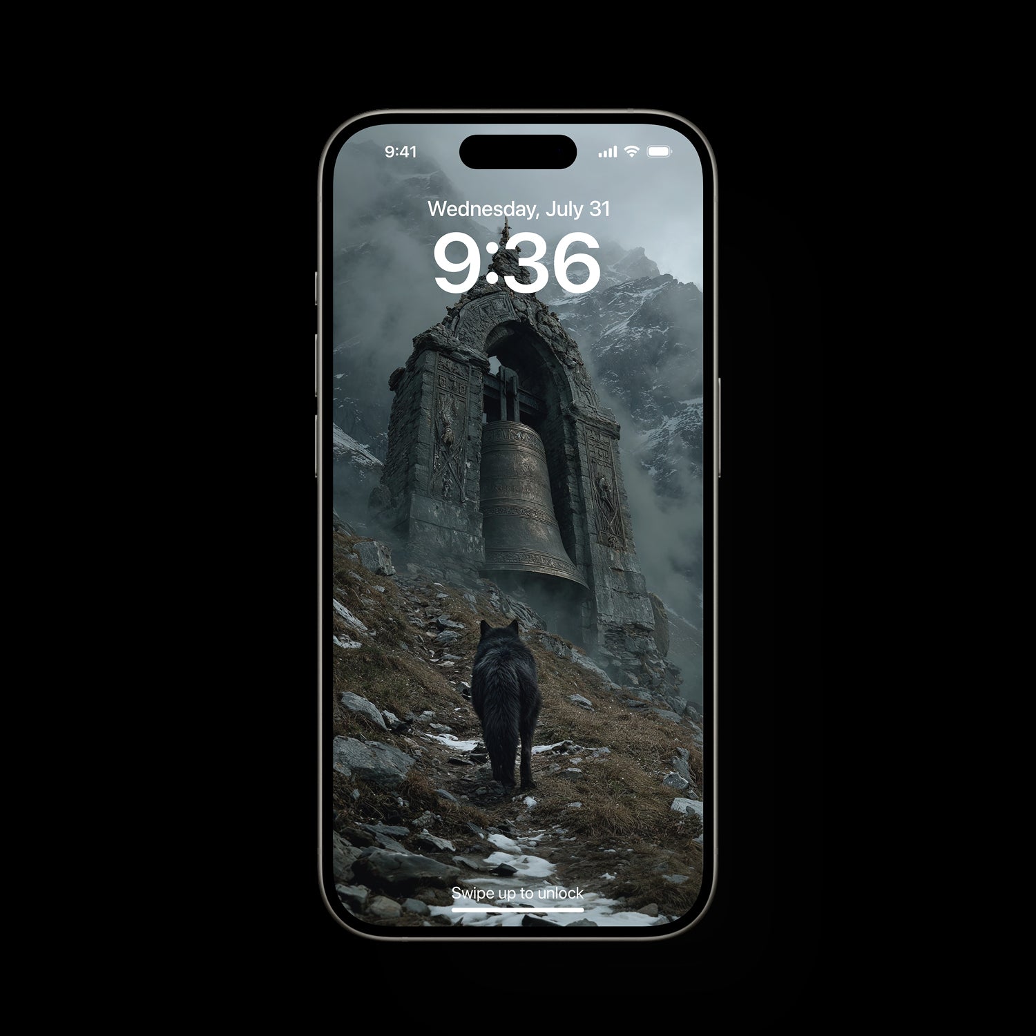 Epic Norse mythology mobile wallpaper showing a lone wolf under moonlight, the old gods watching from shadow, with hints of Asgard, Midgard, and Jotunheim merging together, creating a powerful, mystical scene perfect for phones.