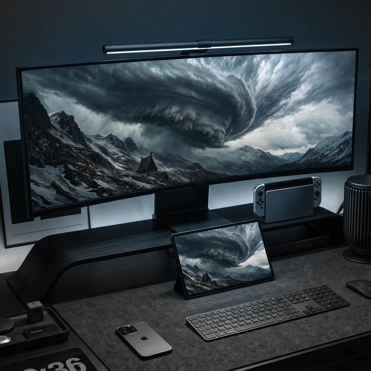Dark moody tempest storm clouds swirling over an ancient wooden Viking house on a snowy mountain ridge in 21:9 ultrawide desktop wallpaper format, featured in native 4K high resolution for PC monitor setup, epic Norse mythology aesthetic, atmospheric dark fantasy digital background.