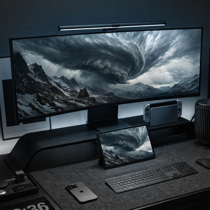 Dark moody tempest storm clouds swirling over an ancient wooden Viking house on a snowy mountain ridge in 21:9 ultrawide desktop wallpaper format, featured in native 4K high resolution for PC monitor setup, epic Norse mythology aesthetic, atmospheric dark fantasy digital background.