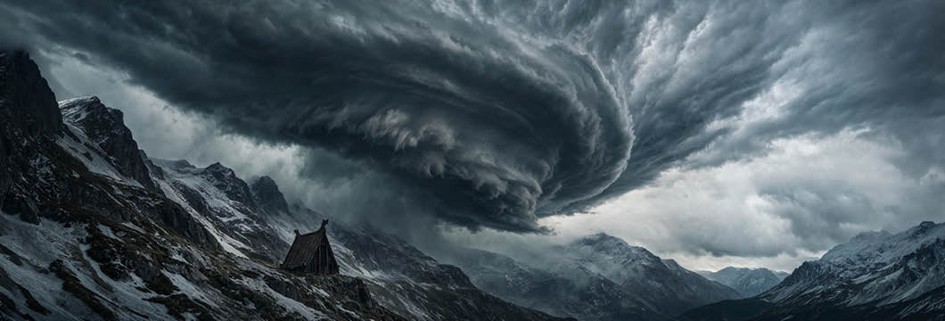 Dark moody tempest storm clouds swirling over an ancient wooden Viking house on a snowy mountain ridge in 21:9 ultrawide desktop wallpaper format, featured in native 4K high resolution for PC monitor setup, epic Norse mythology aesthetic, atmospheric dark fantasy digital background.