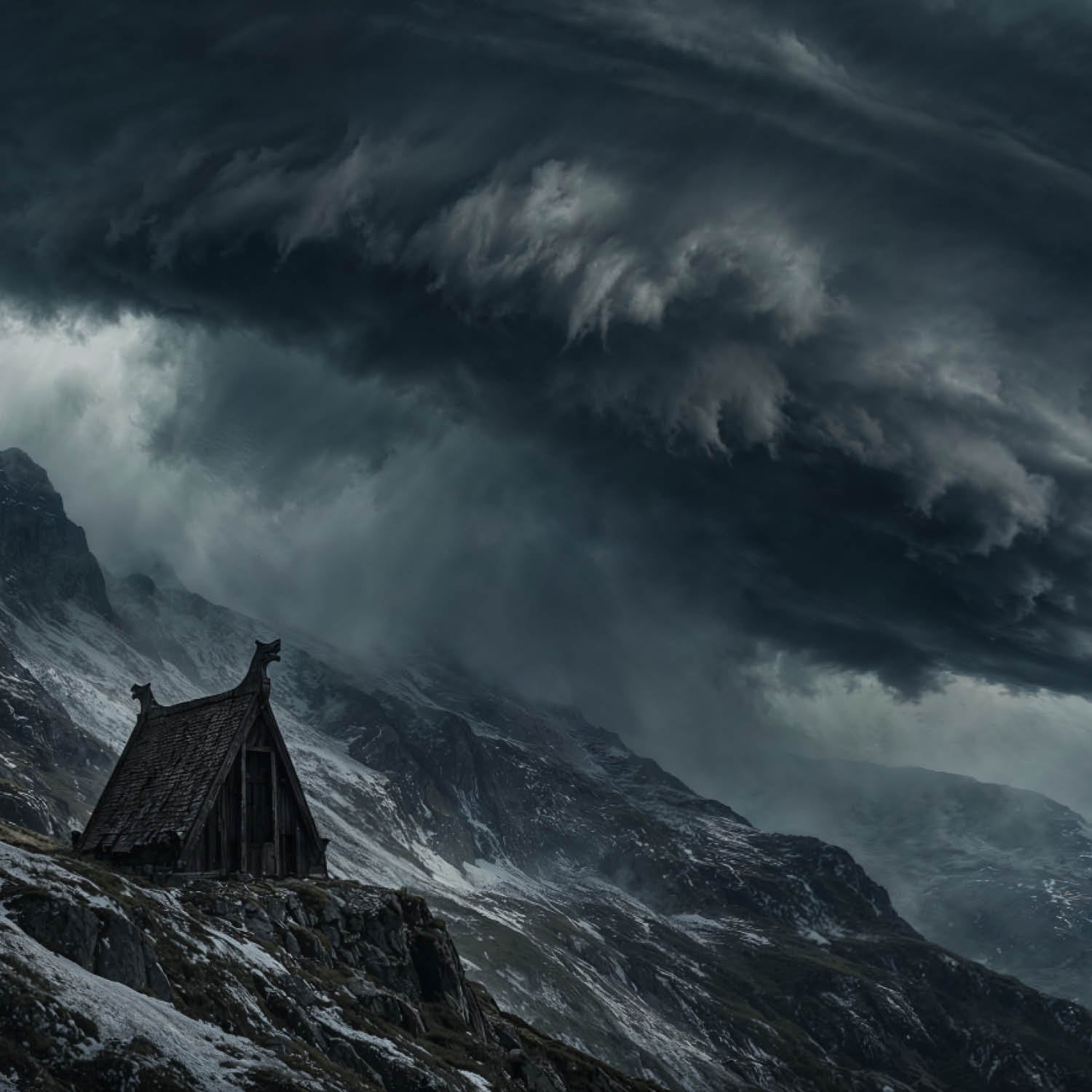 Dark moody tempest storm clouds swirling over an ancient wooden Viking house on a snowy mountain ridge in 21:9 ultrawide desktop wallpaper format, featured in native 4K high resolution for PC monitor setup, epic Norse mythology aesthetic, atmospheric dark fantasy digital background.