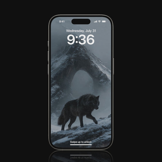 A high-quality digital render of a powerful Norse wolf standing at the summit of a snow-covered mountain, designed as a live mobile wallpaper.