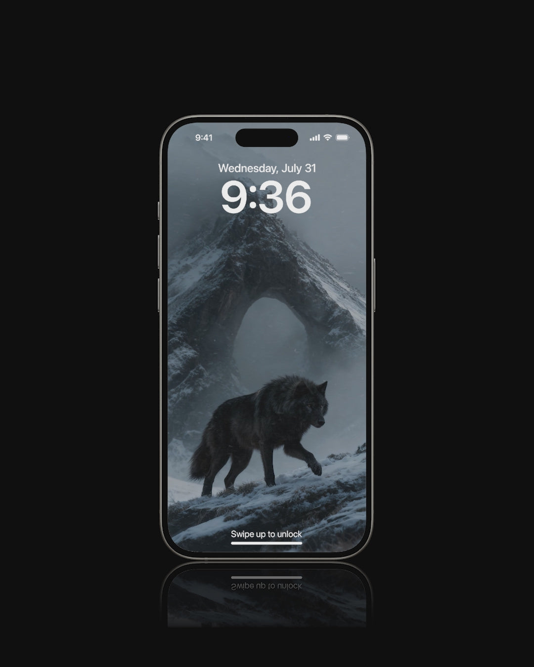 A high-quality digital render of a powerful Norse wolf standing at the summit of a snow-covered mountain, designed as a live mobile wallpaper.