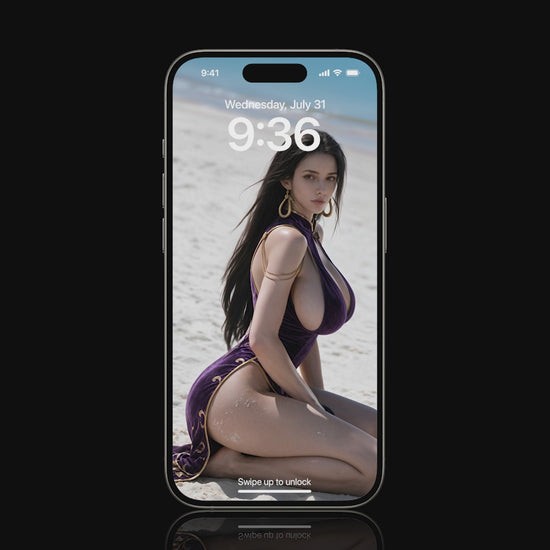 A woman with long black hair wearing a purple velvet dress with gold accents kneels on a white sand beach. She looks over her shoulder towards the camera, set against a bright ocean backdrop under clear sunlight.