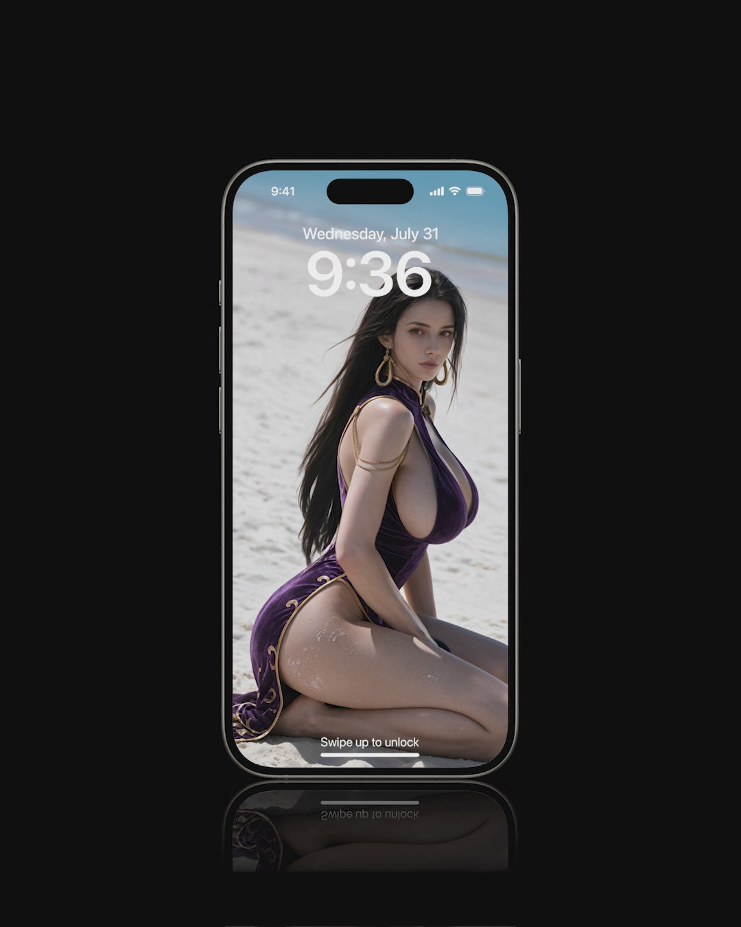 A woman with long black hair wearing a purple velvet dress with gold accents kneels on a white sand beach. She looks over her shoulder towards the camera, set against a bright ocean backdrop under clear sunlight.
