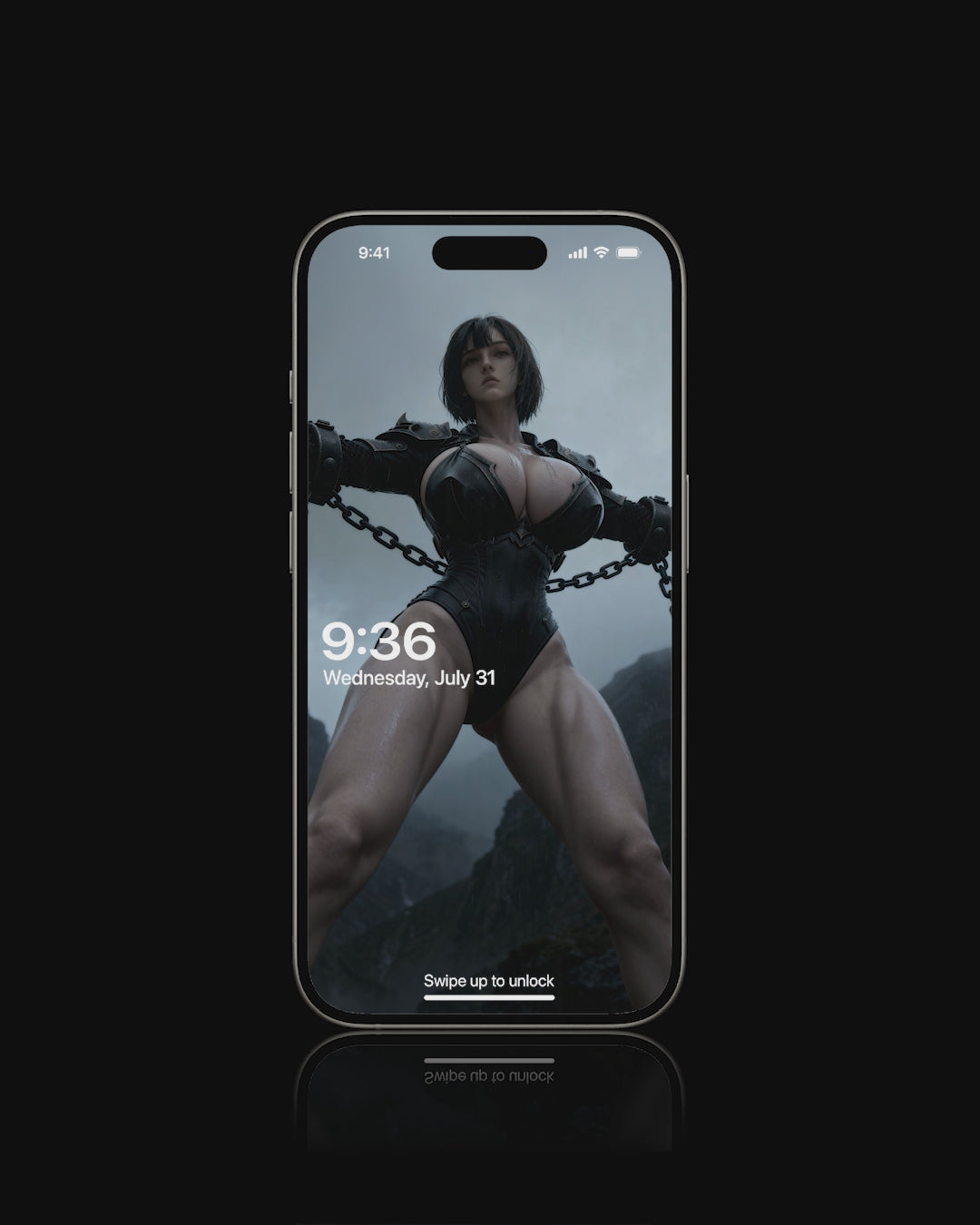 A dark fantasy scene of Mist captured and restrained, standing in chains within a shadowy environment. The atmosphere is tense and mysterious, with dramatic lighting emphasizing the character’s defiant presence.