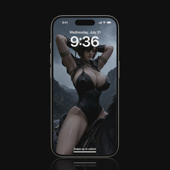 A high-resolution mobile wallpaper of the Norse Valkyrie, Mist, riding a horse. She wears ornate black leather armor that highlights her athletic figure and narrow waist. Her skin is glistening, and her intense gaze creates a powerful, ethereal presence in a cinematic dark fantasy style. Dark fantasy wallpaper.