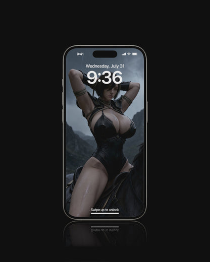 A high-resolution mobile wallpaper of the Norse Valkyrie, Mist, riding a horse. She wears ornate black leather armor that highlights her athletic figure and narrow waist. Her skin is glistening, and her intense gaze creates a powerful, ethereal presence in a cinematic dark fantasy style. Dark fantasy wallpaper.