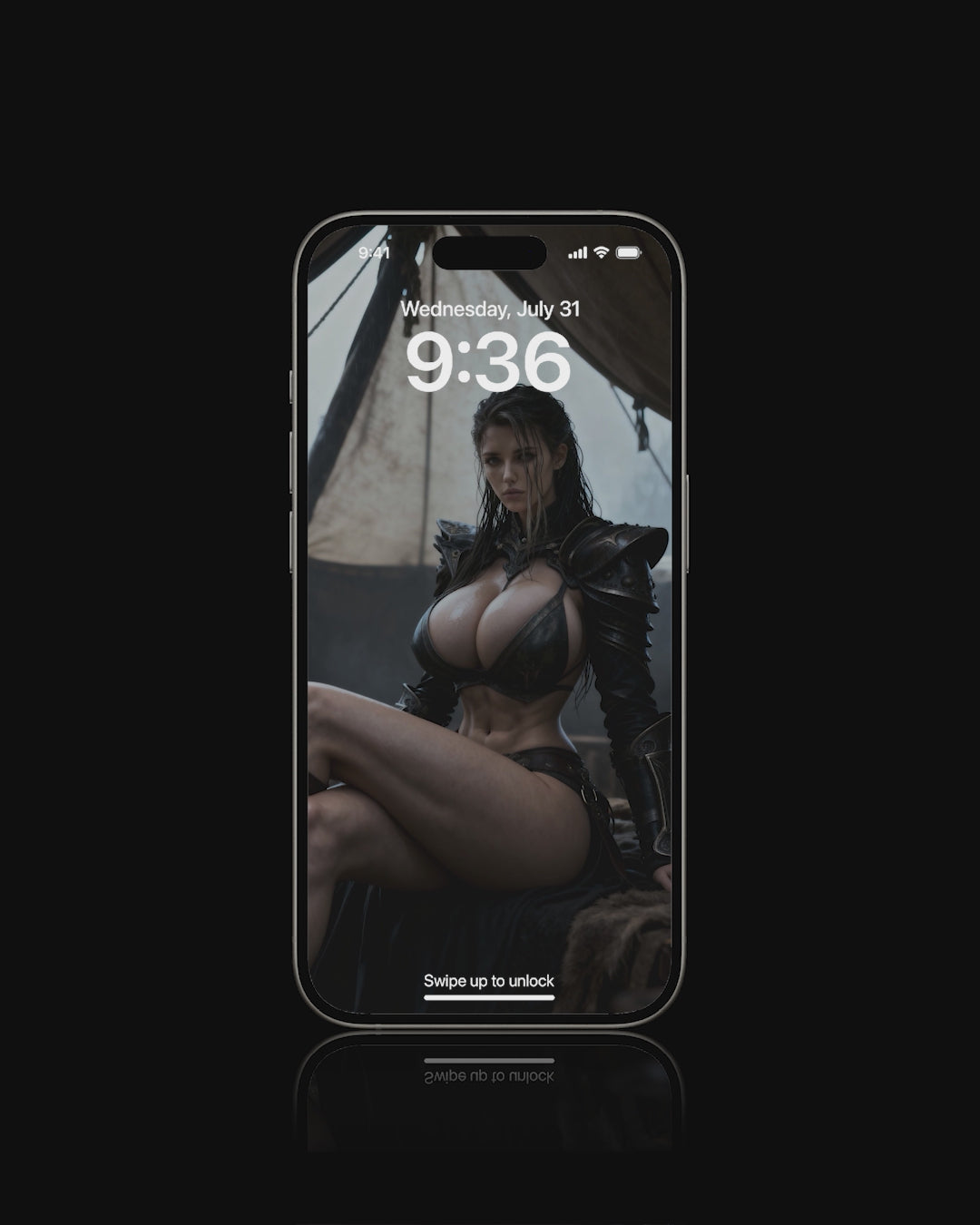 Freya, the Norse goddess and Valkyrie, sits inside a dimly lit tent, slowly removing her shoulder armor. A quiet warrior’s moment of rest, cinematic fantasy artwork available as a mobile wallpaper.