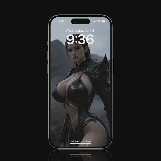 Freya pointing directly at the viewer, standing in a wild Nordic landscape, bold and commanding, animated live wallpaper for mobile inspired by Norse mythology.