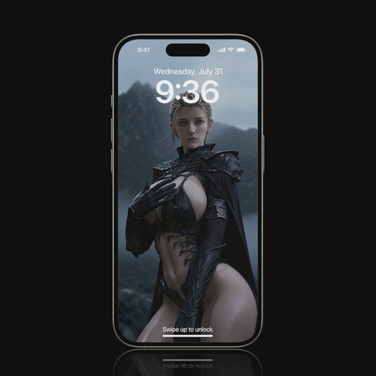 A high-resolution mobile wallpaper of the Norse goddess Idunn standing against a misty mountain backdrop. She wears ornate black leather armor that highlights her athletic figure and narrow waist. Her skin is glistening, and her intense gaze creates a powerful, ethereal presence in a cinematic dark fantasy style.