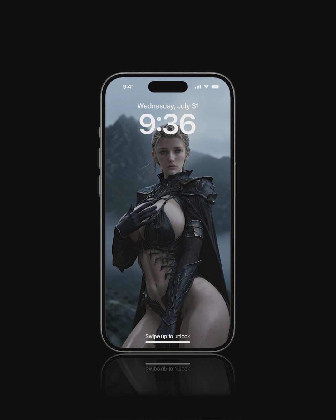 A high-resolution mobile wallpaper of the Norse goddess Idunn standing against a misty mountain backdrop. She wears ornate black leather armor that highlights her athletic figure and narrow waist. Her skin is glistening, and her intense gaze creates a powerful, ethereal presence in a cinematic dark fantasy style.