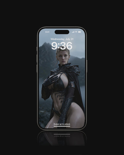 A high-resolution mobile wallpaper of the Norse goddess Idunn standing against a misty mountain backdrop. She wears ornate black leather armor that highlights her athletic figure and narrow waist. Her skin is glistening, and her intense gaze creates a powerful, ethereal presence in a cinematic dark fantasy style.