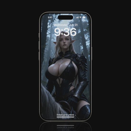 A high-resolution mobile wallpaper of the Norse goddess Idunn standing against a misty mountain backdrop. She wears ornate black leather armor that highlights her athletic figure and narrow waist. Her skin is glistening, and her intense gaze creates a powerful, ethereal presence in a cinematic dark fantasy style.