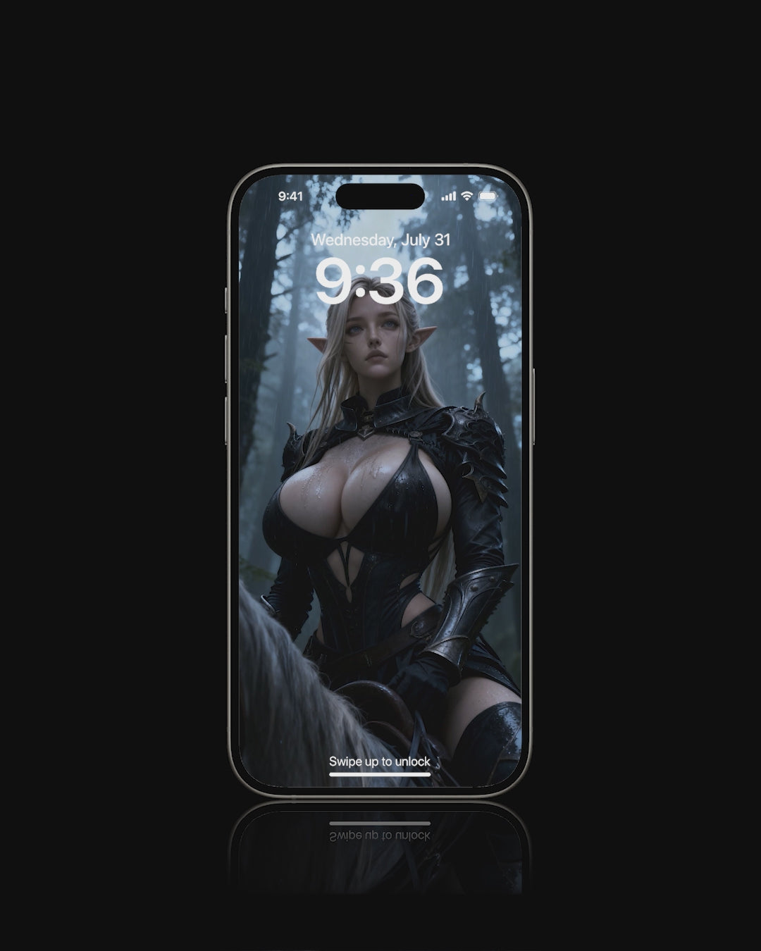 A high-resolution mobile wallpaper of the Norse goddess Idunn standing against a misty mountain backdrop. She wears ornate black leather armor that highlights her athletic figure and narrow waist. Her skin is glistening, and her intense gaze creates a powerful, ethereal presence in a cinematic dark fantasy style.