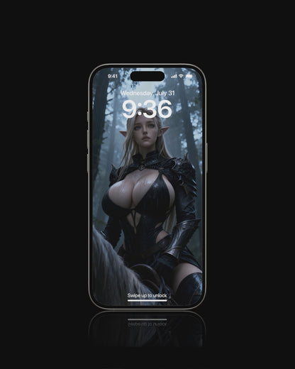 A high-resolution mobile wallpaper of the Norse goddess Idunn standing against a misty mountain backdrop. She wears ornate black leather armor that highlights her athletic figure and narrow waist. Her skin is glistening, and her intense gaze creates a powerful, ethereal presence in a cinematic dark fantasy style.