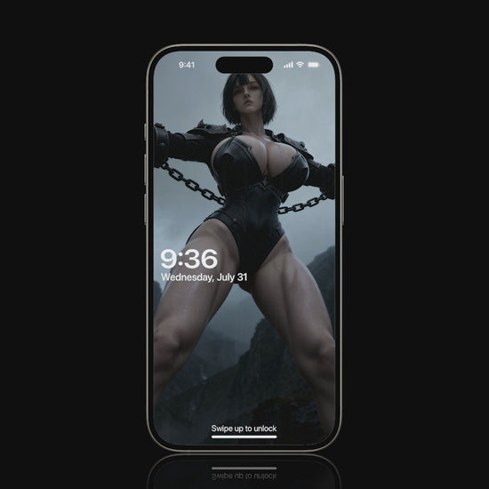 A dark fantasy scene of Mist captured and restrained, standing in chains within a shadowy environment. The atmosphere is tense and mysterious, with dramatic lighting emphasizing the character’s defiant presence.