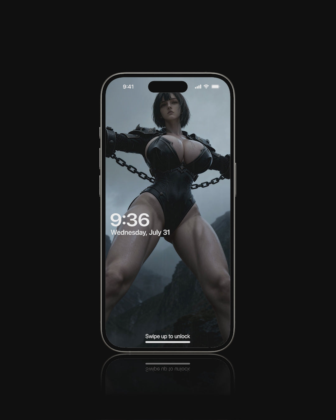 A dark fantasy scene of Mist captured and restrained, standing in chains within a shadowy environment. The atmosphere is tense and mysterious, with dramatic lighting emphasizing the character’s defiant presence.