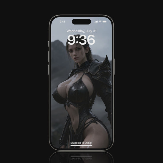 Freya pointing directly at the viewer, standing in a wild Nordic landscape, bold and commanding, animated live wallpaper for mobile inspired by Norse mythology.