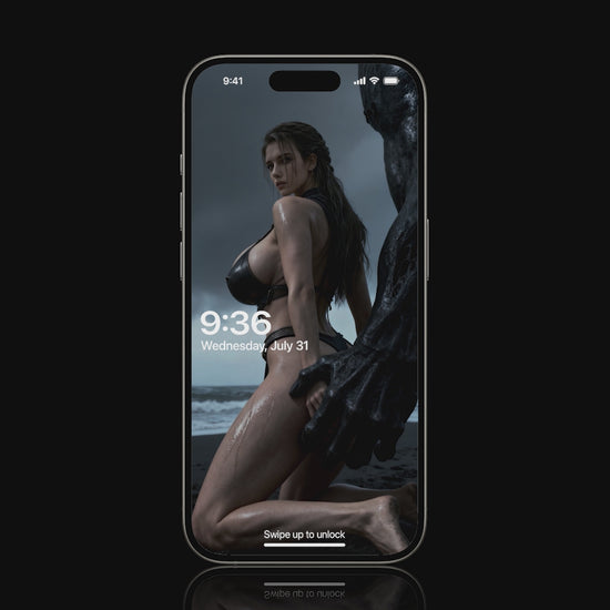 Freya, Norse goddess, captured by a towering black ghoul in a dark fantasy landscape. Cinematic lighting highlights her flowing hair and divine presence as the shadow creature looms, creating a dramatic, myth-inspired mobile wallpaper scene.