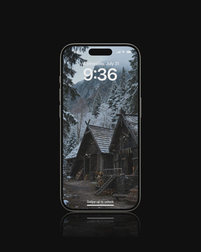 A high-resolution mobile live wallpaper of a Viking village during heavy winter, completely covered in snow and conveying profound Northern silence.