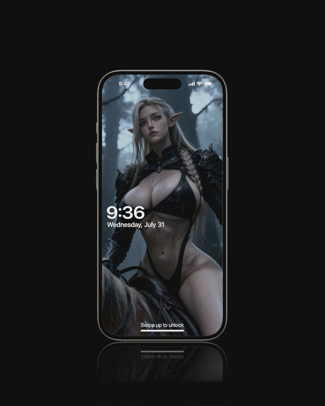 Skadi rides through a dark, misty forest on horseback, her figure steady and commanding as the horse moves with smooth, rhythmic steps. Tall pines fade into shadow while soft light flickers across her form. Designed as a mobile live wallpaper, the scene loops seamlessly, capturing a cold, immersive atmosphere with subtle motion, flowing detail, and a powerful, untamed presence that brings the wild Nordic spirit to life on screen.