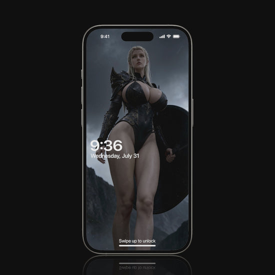 A sexy, busty Norse Valkyrie, Sigrun, holding a huge black Viking shield. Shield-maiden. A high-resolution mobile wallpaper of the Norse goddess Idunn standing against a misty mountain backdrop. She wears ornate black leather armor that highlights her athletic figure and narrow waist. Her skin is glistening, and her intense gaze creates a powerful, ethereal presence in a cinematic dark fantasy style. HD iPhone Wallpaper. HD Android Wallpaper.