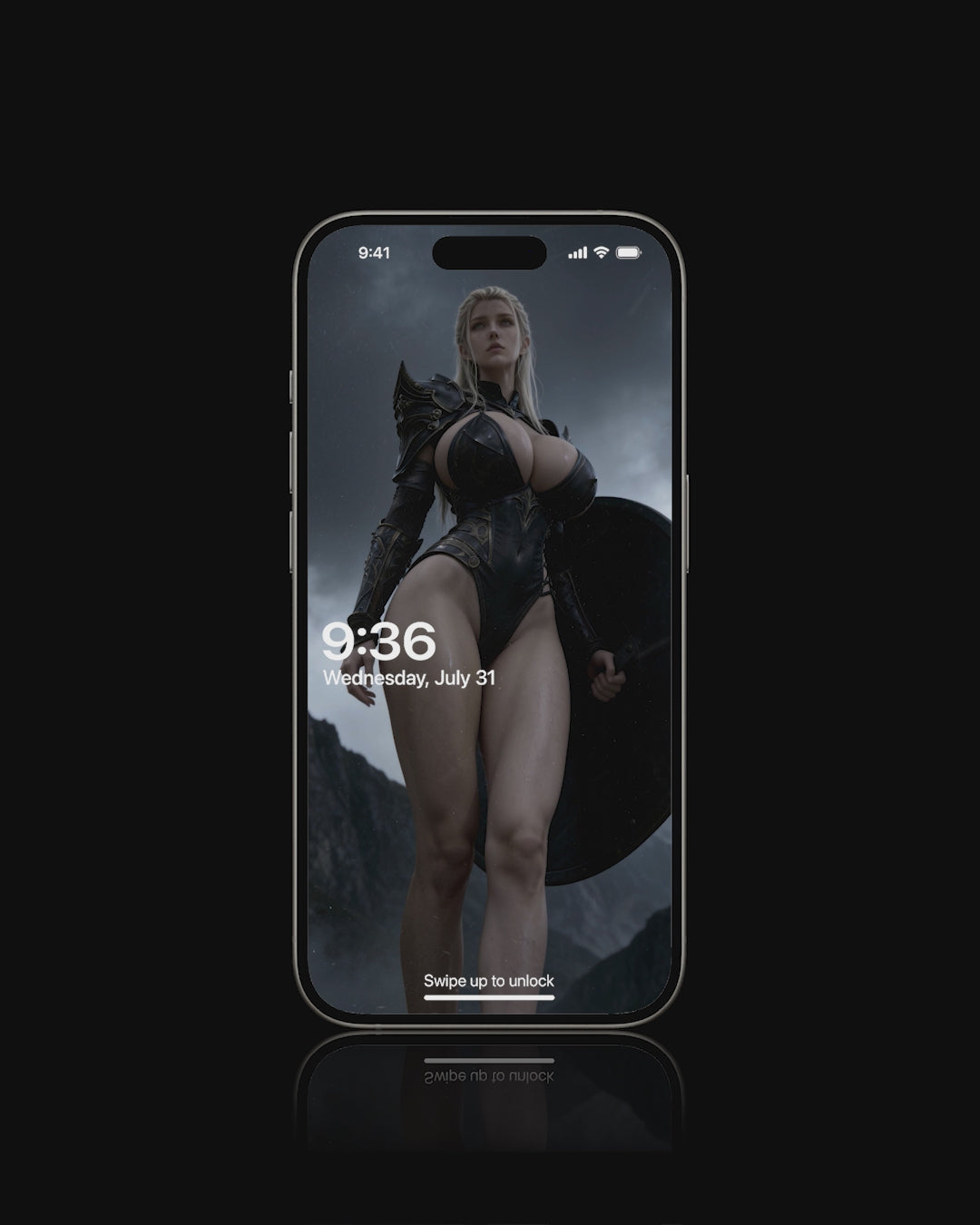 A sexy, busty Norse Valkyrie, Sigrun, holding a huge black Viking shield. Shield-maiden. A high-resolution mobile wallpaper of the Norse goddess Idunn standing against a misty mountain backdrop. She wears ornate black leather armor that highlights her athletic figure and narrow waist. Her skin is glistening, and her intense gaze creates a powerful, ethereal presence in a cinematic dark fantasy style. HD iPhone Wallpaper. HD Android Wallpaper.