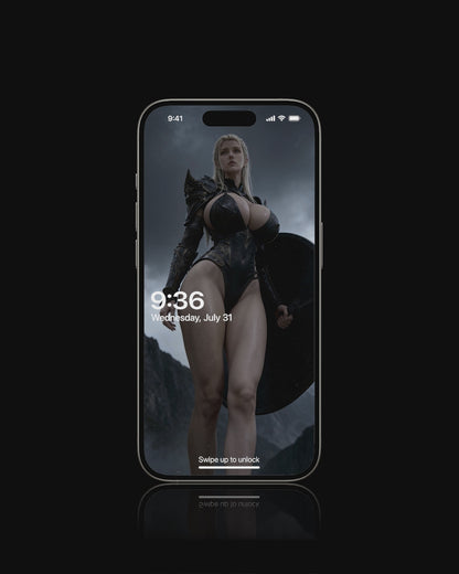A sexy, busty Norse Valkyrie, Sigrun, holding a huge black Viking shield. Shield-maiden. A high-resolution mobile wallpaper of the Norse goddess Idunn standing against a misty mountain backdrop. She wears ornate black leather armor that highlights her athletic figure and narrow waist. Her skin is glistening, and her intense gaze creates a powerful, ethereal presence in a cinematic dark fantasy style. HD iPhone Wallpaper. HD Android Wallpaper.