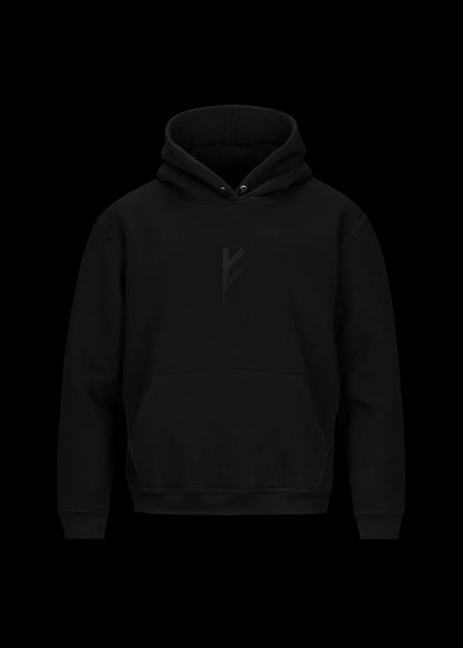 Fehu Rune Black Hoodie combines both Norse Mythology and minimalist aesthetic. Black thread is embroidered on black hoodie. If Norse Mythology and minimalism is your thing, this is for you.