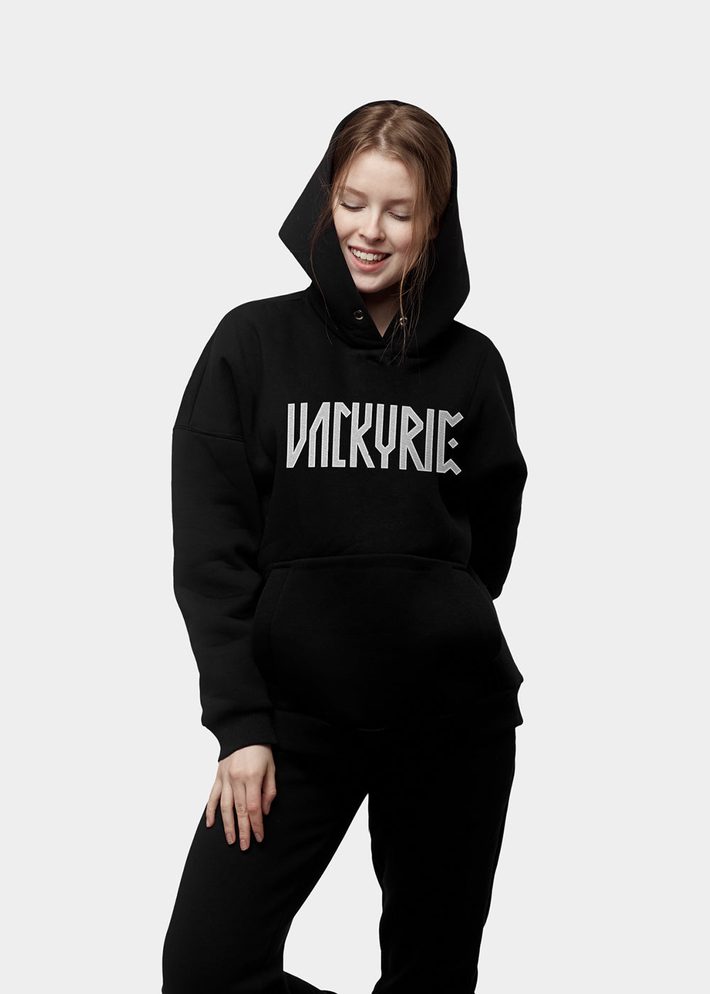 Women Black Embroidered Oversized Hoodie With Track Pants